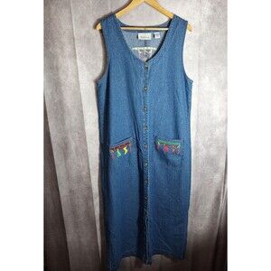 Vtg Westbound Denim Christmas Jumper Dress Sz Large Maxi Button Cottagecore 90's